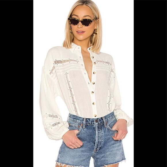 FREE PEOPLE Summer Stars Button down Top in Ivory L NWOT - Picture 5 of 10